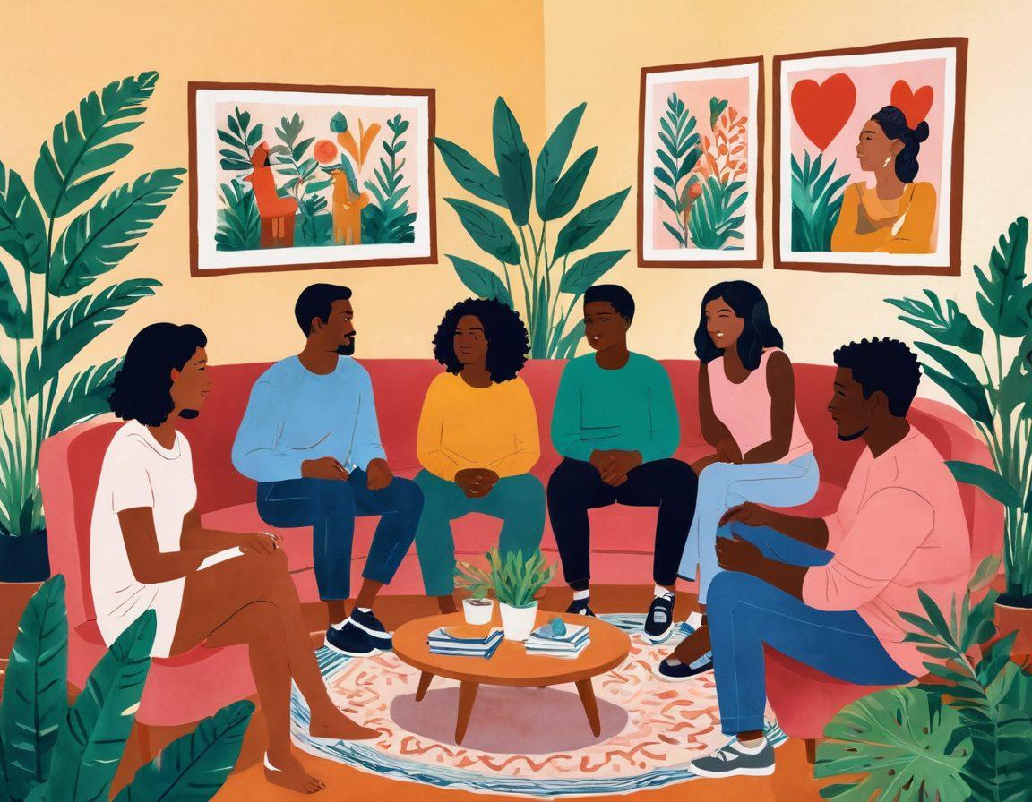A colorful illustration of a diverse group of friends engaging in open and supportive conversations about relationships and sexual health. They are gathered in a cozy, inviting setting with warm lighting, surrounded by plants and art, symbolizing comfort and trust. Subtle hearts and abstract symbols of intimacy float around them, representing connection and pleasure. The mood is positive and empowering, showcasing confidence and joy. vibrant colors. modern art style.