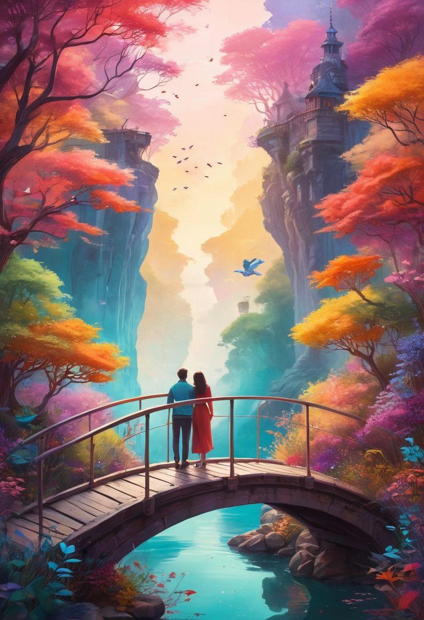 A vibrant illustration of two figures standing on a bridge connecting a fantastical world of dreams filled with whimsical creatures and bright colors to a serene, grounded reality with gentle landscapes and warm tones. The figures reach out towards each other, symbolizing the passion and connection that bridges these two realms. Soft light filters through the scene, enhancing the emotional depth. whimsical, ethereal art style. vibrant colors. 3D.